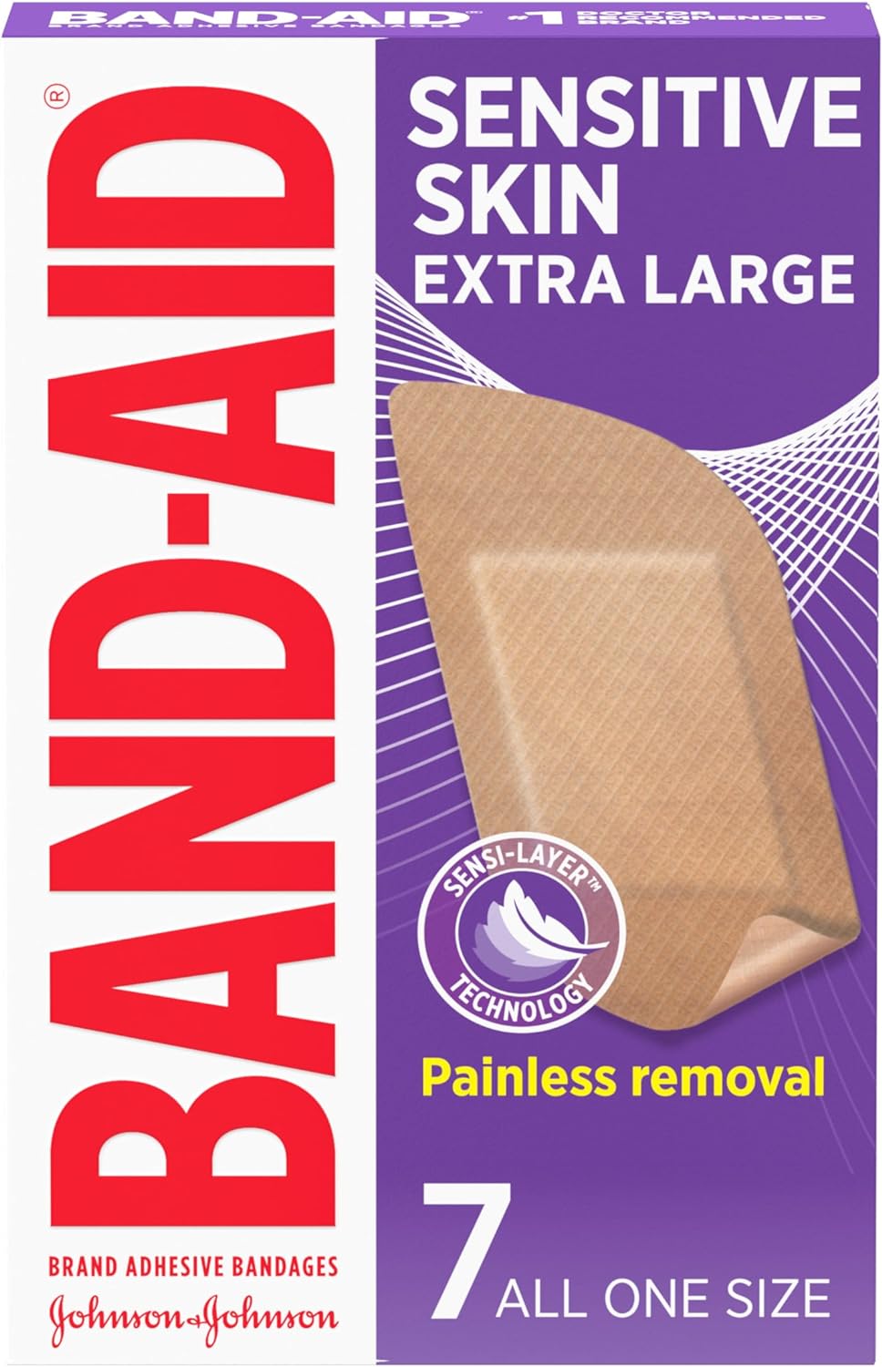 Band-Aid Brand Adhesive Bandages For Sensitive Skin, Hypoallergenic First Aid Bandages With Painless Removal, Stays On When Wet & Suitable For Eczema Prone Skin, Extra Large Size, 7 Ct