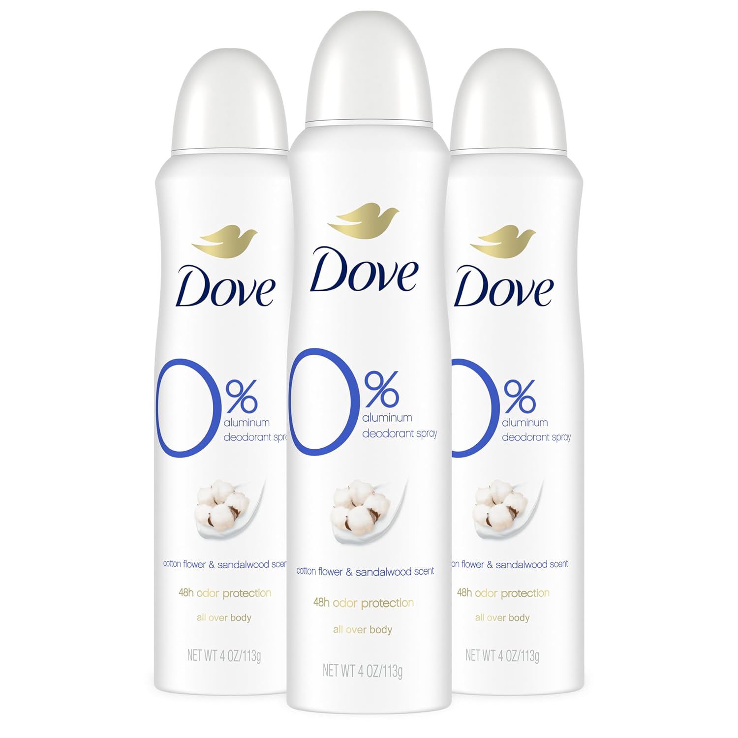 Dove 0% Aluminum Deodorant Dry Spray Cotton Flower & Sandalwood 3 Count For 48-Hour Protection Aluminum Free 4 Oz