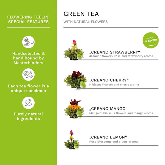 Creano Tea Flowers In Cup Size - Gift Set In Wooden Tea Box - 12 Blooming Tea Green Tea In 4 Varieties - Gift For Women, Mother, Tea Lovers