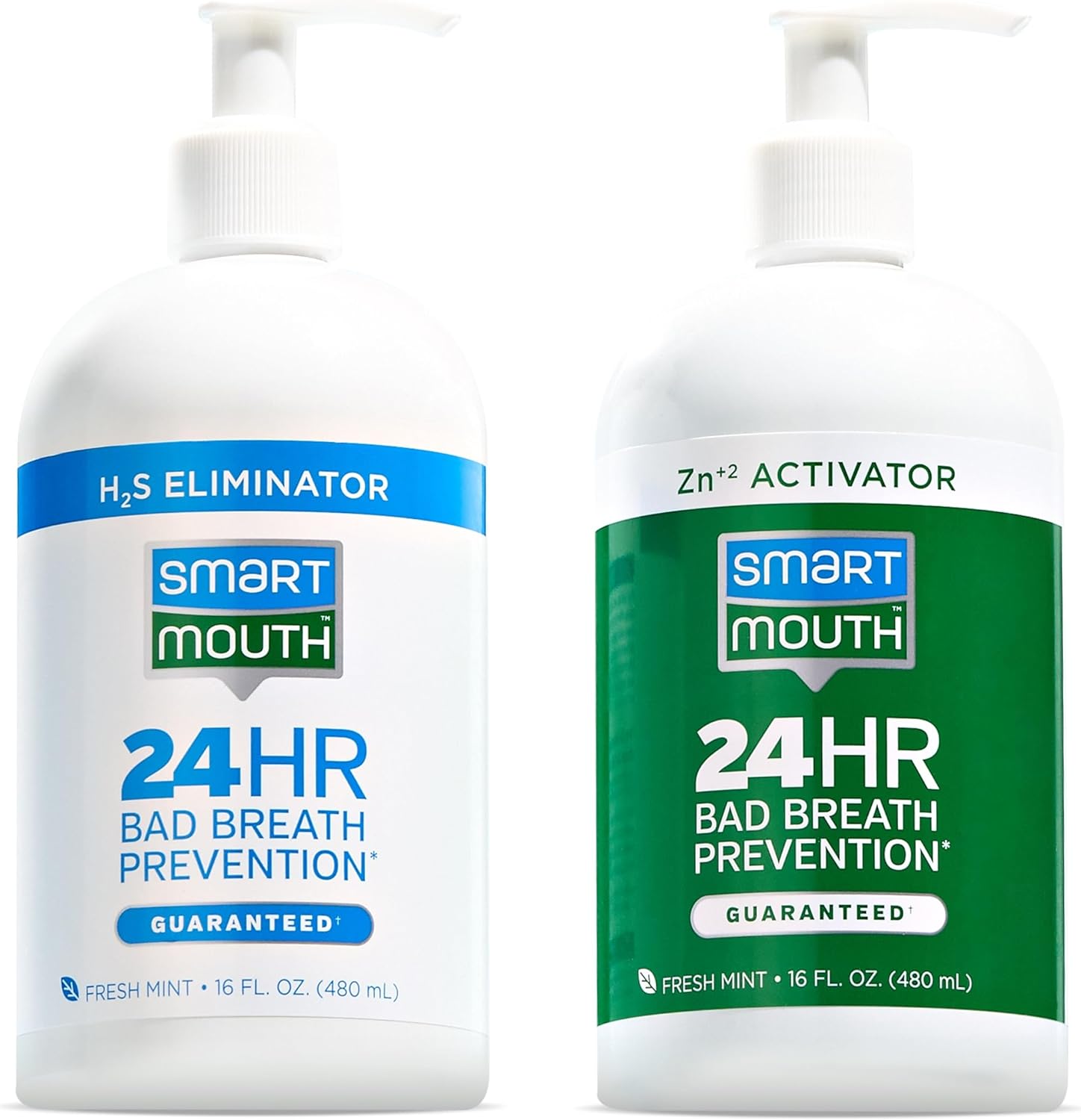 Smartmouth 2-Bottle Activated Mouthwash System With Pumps - Adult Mouthwash For Bad Breath - Twice Daily Oral Care System With Zinc Ion Technology - Fresh Mint Flavor, 32 Fl Oz (16 Oz Per Bottle)