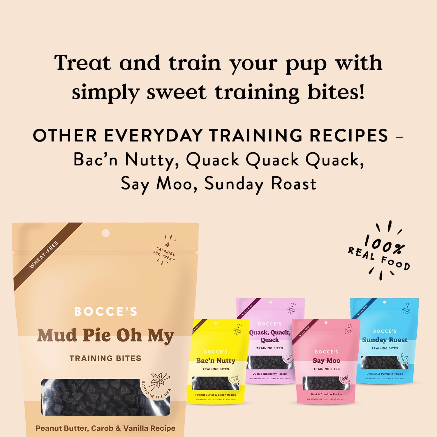 Bocce's Bakery Mud Pie Oh My Training Treats for Dogs, Wheat-Free Dog Treats, Made with Real Ingredients, Baked in The USA, All-Natural & Low Calorie Training Bites, PB, Carob, & Vanilla Recipe, 6 oz : Pet Supplies