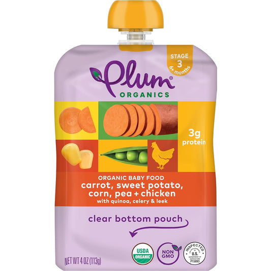 Plum Organics Stage 3 Carrot, Sweet Potato, Corn, Pea + Chicken with Quinoa, Celery & Leek - 4oz Pouch (Pack of 4)