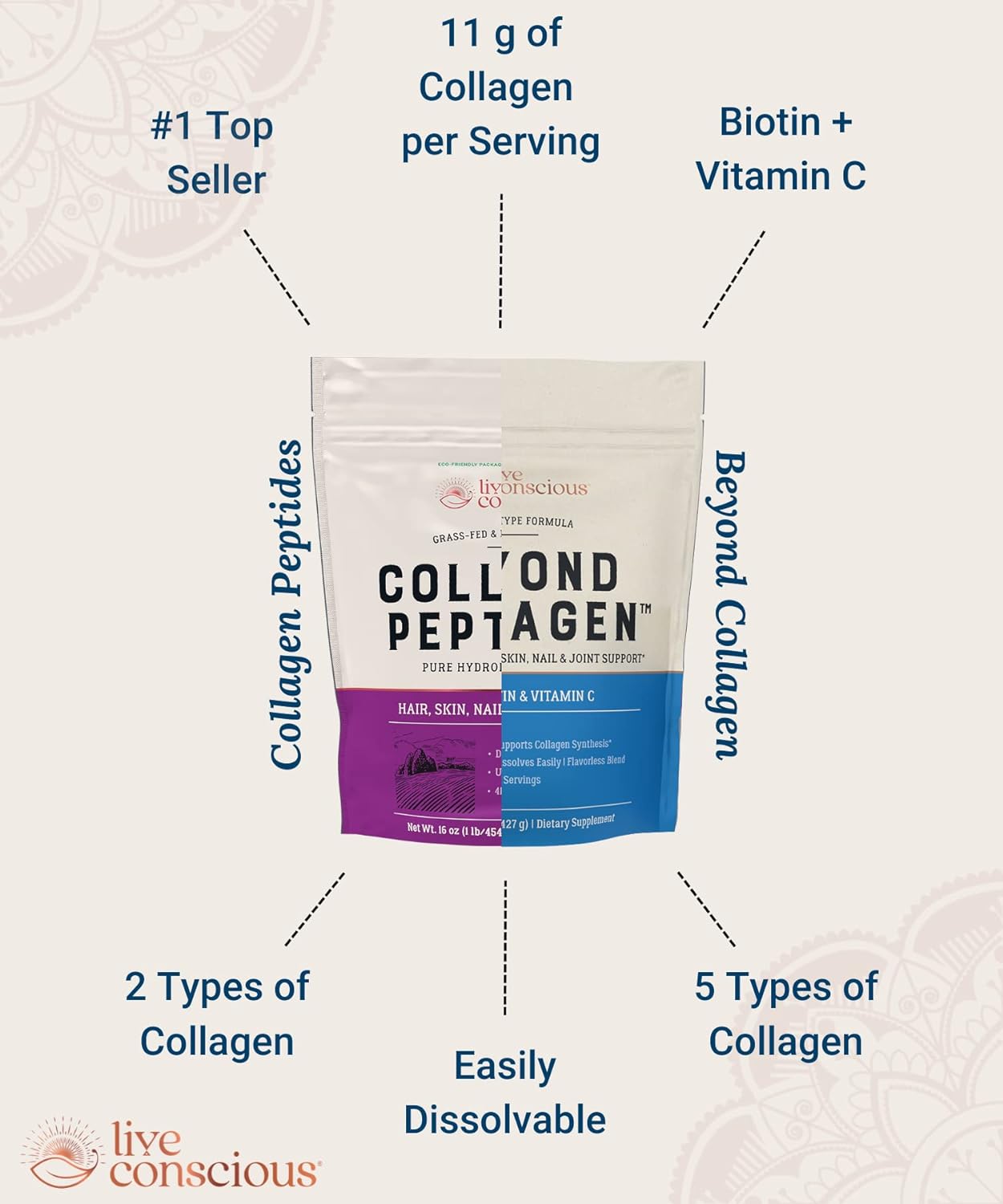 Live Conscious Collagen Powder Hydrolyzed Collagen Peptides Type I & III - Keto & Paleo Friendly - Unflavored - 20 Servings, 7.8 oz : Health & Household