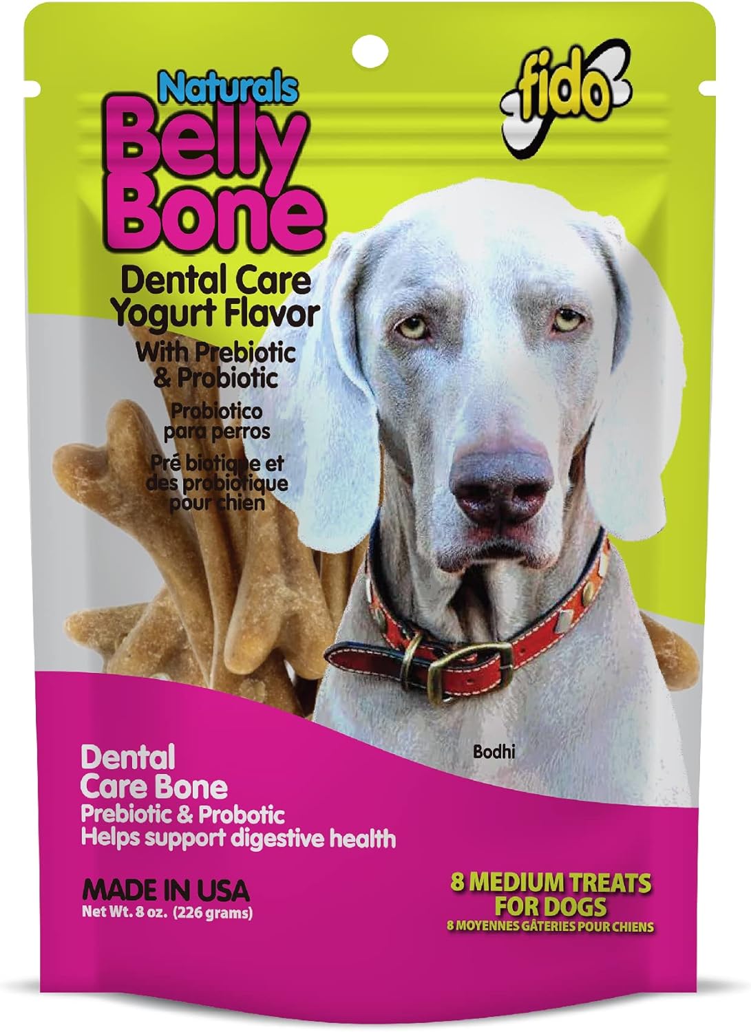 Fido Belly Bones for Dogs, 8 Yogurt Flavor Medium Dog Dental Treats (Made in USA) - 8 Count Dog Treats for Medium Dogs - Plaque and Tartar Control for Fresh Breath, Digestive Health Support