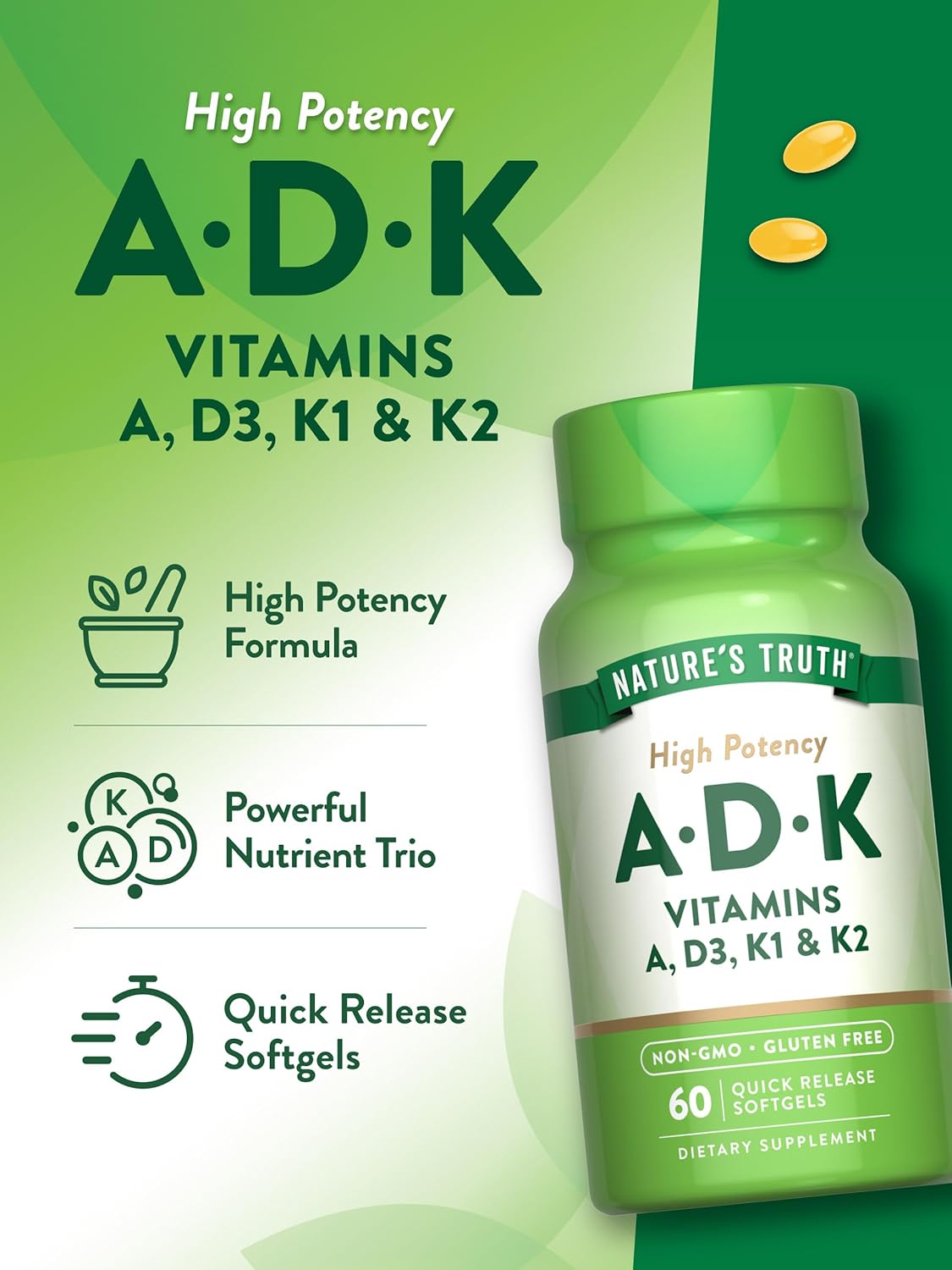 Nature's Truth Vitamin ADK Supplement | 60 Softgels | High Potency of Vitamin A, D3, K1 & K2 | Non-GMO & Gluten Free Supplement : Health & Household