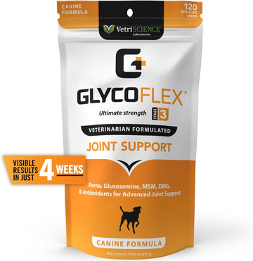 VetriScience Glycoflex 3 Clinically Proven Hip and Joint Supplement for Dogs - Maximum Strength Dog Supplement with Glucosamine, MSM, Green Lipped Mussel & DMG - 120 Chews, Chicken Flavor?