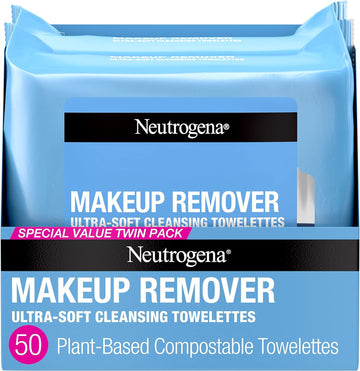 Neutrogena Makeup Remover Wipes, Daily Facial Cleanser Towelettes, Gently Cleanse and Remove Oil & Makeup, Alcohol-Free Makeup Wipes, 2 x 25 ct