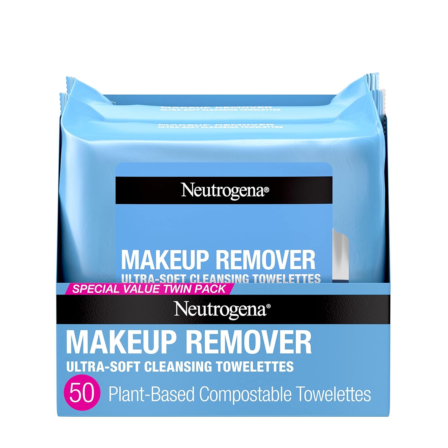 Neutrogena Makeup Remover Wipes, Ultra-Soft Cleansing Facial Towelettes For Waterproof Makeup, Alcohol-Free, Plant-Based, Twin Pack, 25 Count (Pack Of 2)