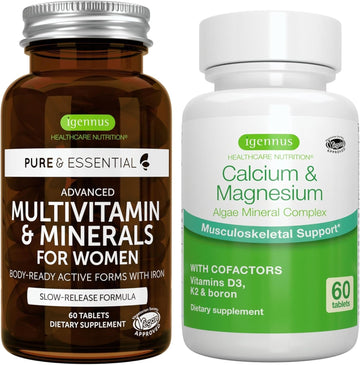 Multivitamin & Minerals For Women + Calcium & Magnesium Complex Vegan Bundle, Sustained Release Advanced Multivitamin + 2:1 Plant Based Algae Mineral Complex, By Igennus