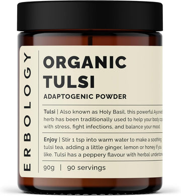 100% Organic Tulsi Powder 180g - Holy Basil - Calm and Mood - Straight from Farm in India - Raw and Vegan - Non-GMO - No Additives or Preservatives - Recyclable Glass Jar