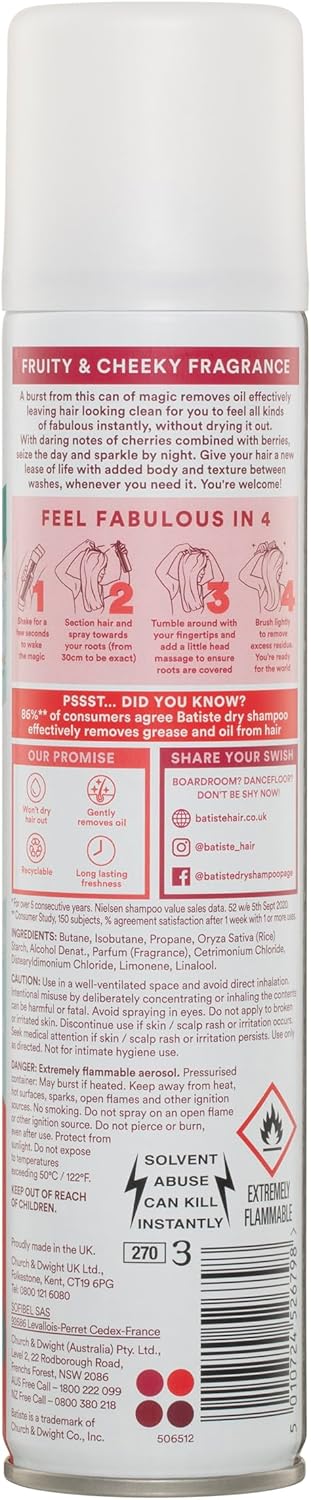 Batiste Dry Shampoo In Cherry 200Ml, Cool And Retro Fragance, No Rinse Spray To Refresh Hair In Between Washes