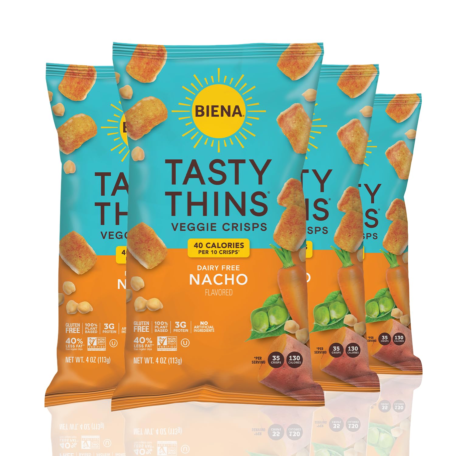 BIENA Tasty Thins Veggie Chips – Nacho, 4-Pack, 4 oz Bags – Chickpeas & Veggies, Vegan, Gluten Free, Dairy-Free, Non-GMO, Allergy-Friendly, Healthy Snacks for Adults and Kids