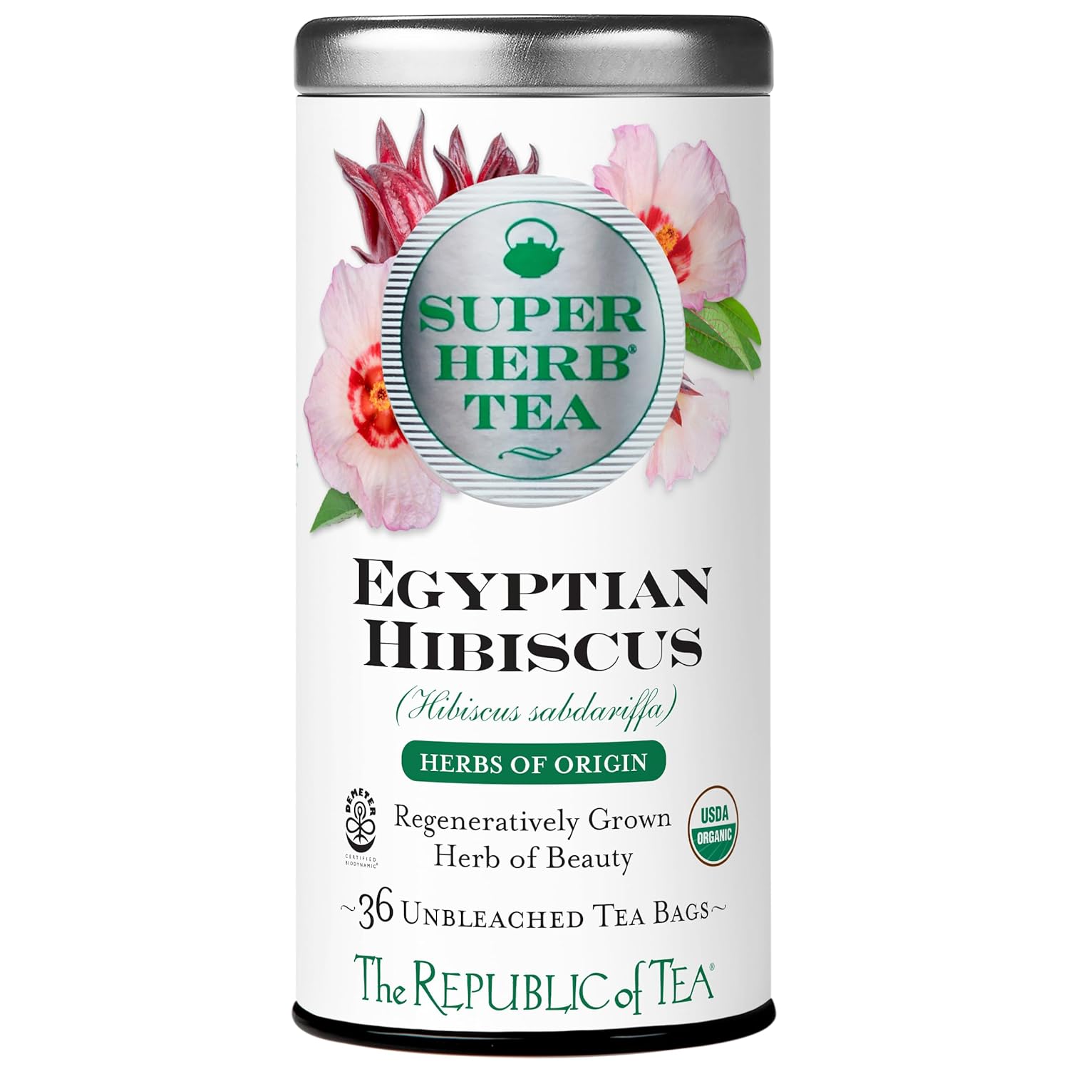 The Republic Of Tea — Organic Egyptian Hibiscus Superherb Tea Tin, 36 Biodynamic Herbal Tea Bags, Naturally Caffeine-Free Herbs Of Origin