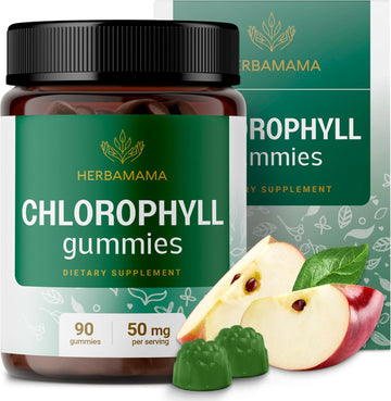 Herbamama Chlorophyll Gummies - 50 Mg Chlorophyllin Internal Deodorant - Antioxidant Supplement For Skin Cleanse - Vegan, Gelatin-Free, Non-Gmo - 90 Apple-Flavored Chews