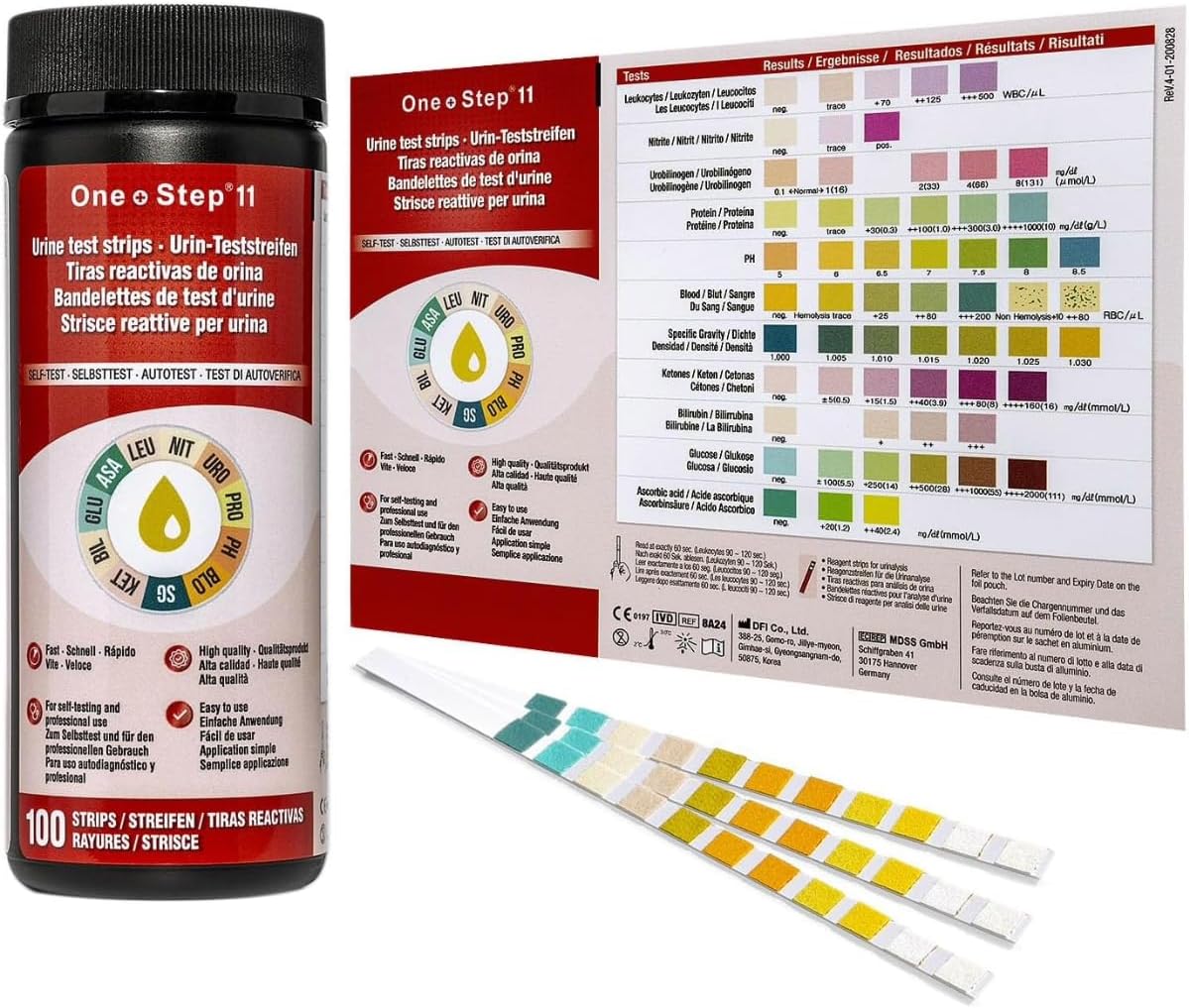One Step: 11 Parameter Urine Test Strips Ascorbic Acid, Uti Infection, Blood, Glucose Testing Sticks