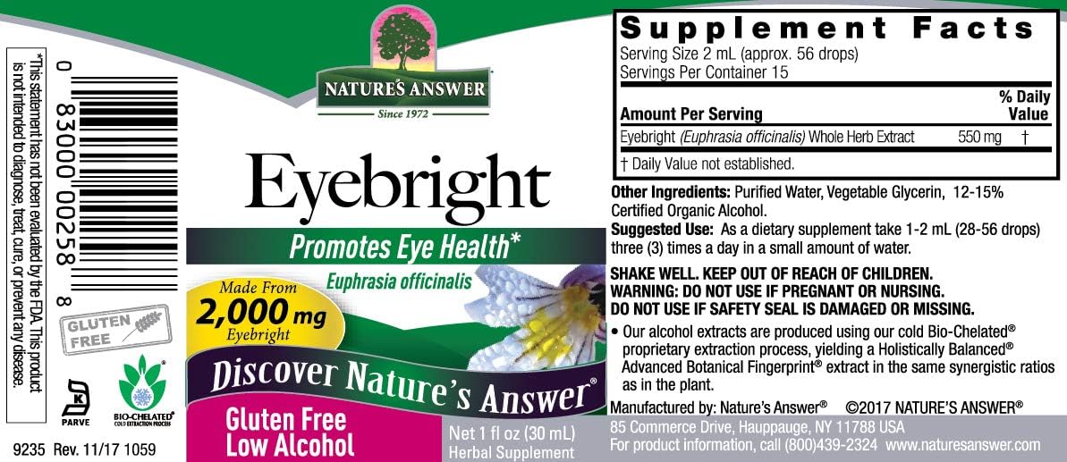 Nature's Answer Eyebright Herb with Organic Alcohol 2000mg 1 Extract | Support Eyes & Vision | Gluten-Free, Non-GMO, Vegan, No Preservatives or Artificial avors | Single Count