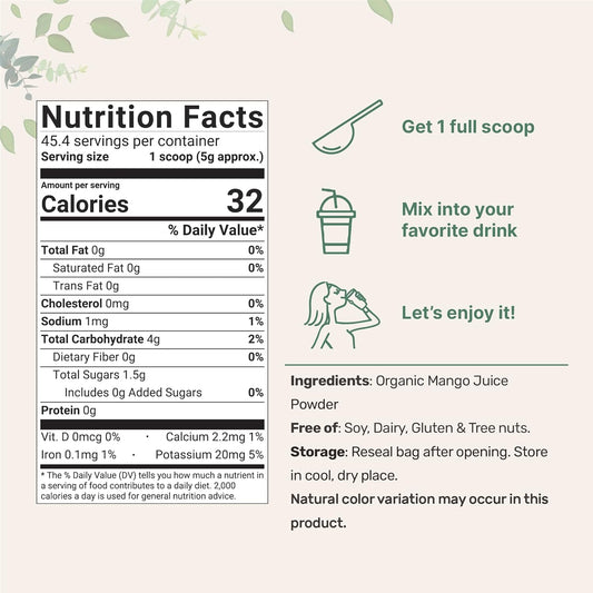 Organic Mango Juice Powder, 8oz | 100% Natural Fruit Powder | Cold Pressed Mangos Source | No Sugar & Additives | Great Flavor for Drinks, Smoothie, & Beverages | Non-GMO & Vegan Friendly