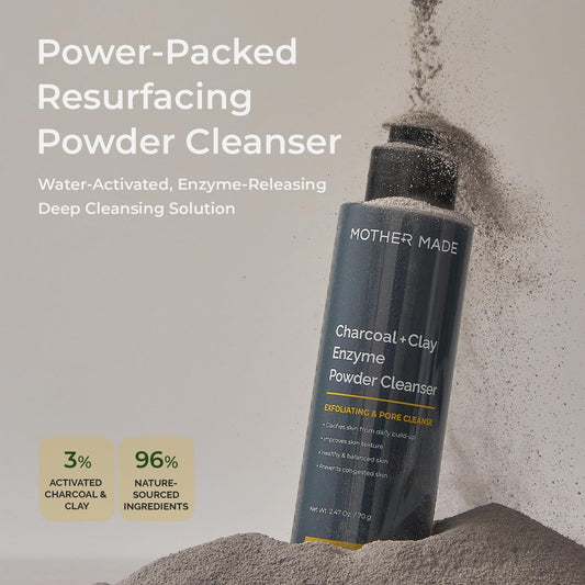 Charcoal Clay Enzyme Powder Vegan Facial Cleanser With Salicylic Acid, Vitamin C, Hyaluronic Acid, 2.47 Oz, Super Gentle Exfoliating Face Scrub, Pore Cleansing Exfoliant, Natural