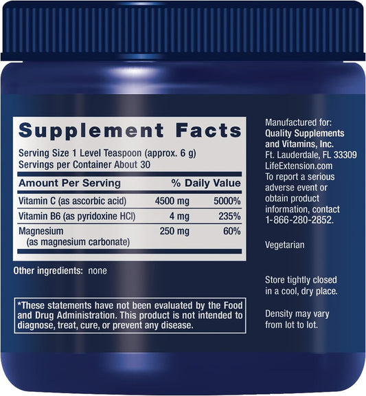 Life Extension Effervescent Vitamin C-Magnesium Crystals - Ascorbic Acid Vitamin C Powder Supplement - for Healthy Immune Support with Vitamin B6 - Gluten Free, Non-GMO - 180 Grams, 30 Servings