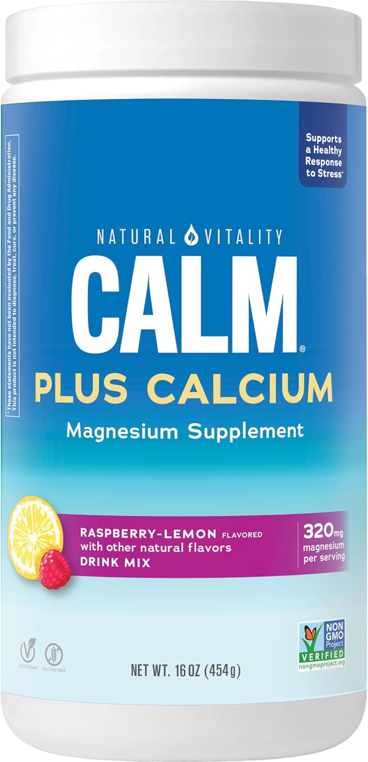 Natural Vitality Calm, Magnesium Citrate & Calcium Supplement, Drink Mix Powder Supports A Healthy Response To Stress, Gluten Free, Vegan, & Non-Gmo, Raspberry Lemon, 16 Oz