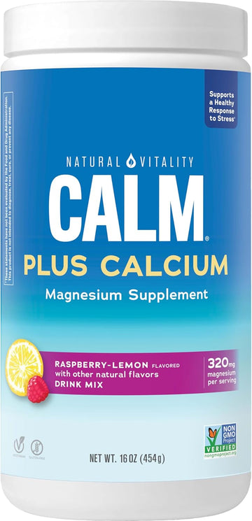 Natural Vitality Calm, Magnesium Citrate & Calcium Supplement, Drink Mix Powder Supports A Healthy Response To Stress, Gluten Free, Vegan, & Non-Gmo, Raspberry Lemon, 16 Oz