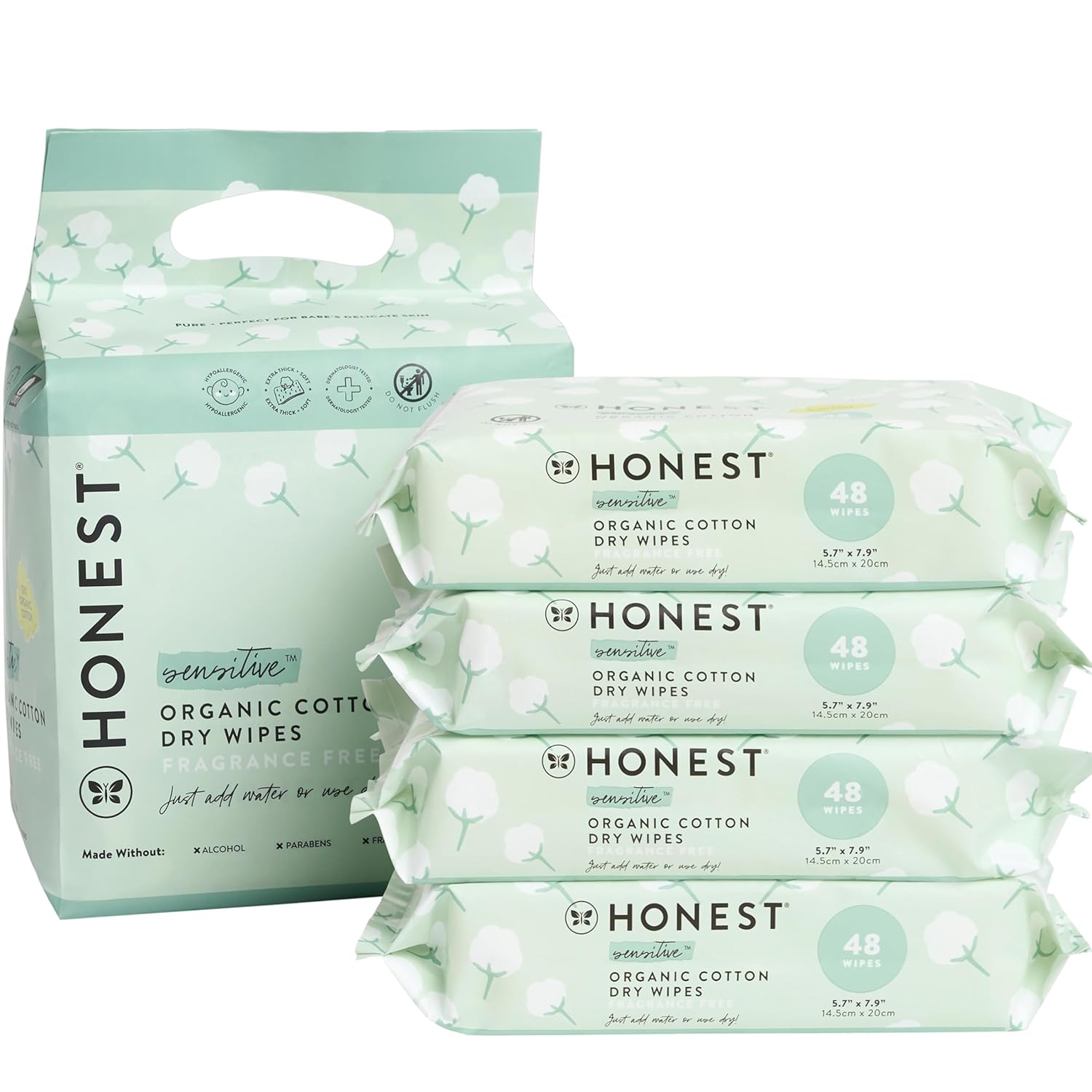 The Honest Company 100% Organic Cotton Dry Wipes | Hypoallergenic For Sensitive Skin, Dermatologist Tested, Safe For Newborns | 192 Count