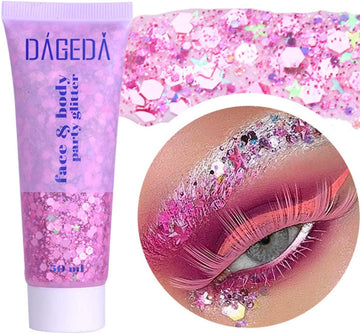 Dageda Body Glitter Gel, Face Glitters Body Gel Sequins Shimmer Liquid Eyeshadow, Chunky Glitter For Face Hair Nails, Holographic Cosmetic Laser Powder Festival Glitter Makeup 1.7Oz (Coral)