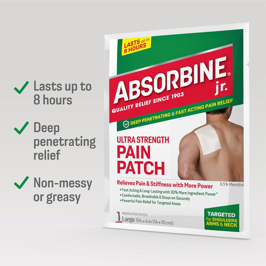 ABSORBINE JR. Ultra Strength Pain Relief Patches with Menthol, Pain Relief for Shoulder, Joint, Hip, Neck and Back Pain, 18 Count, White