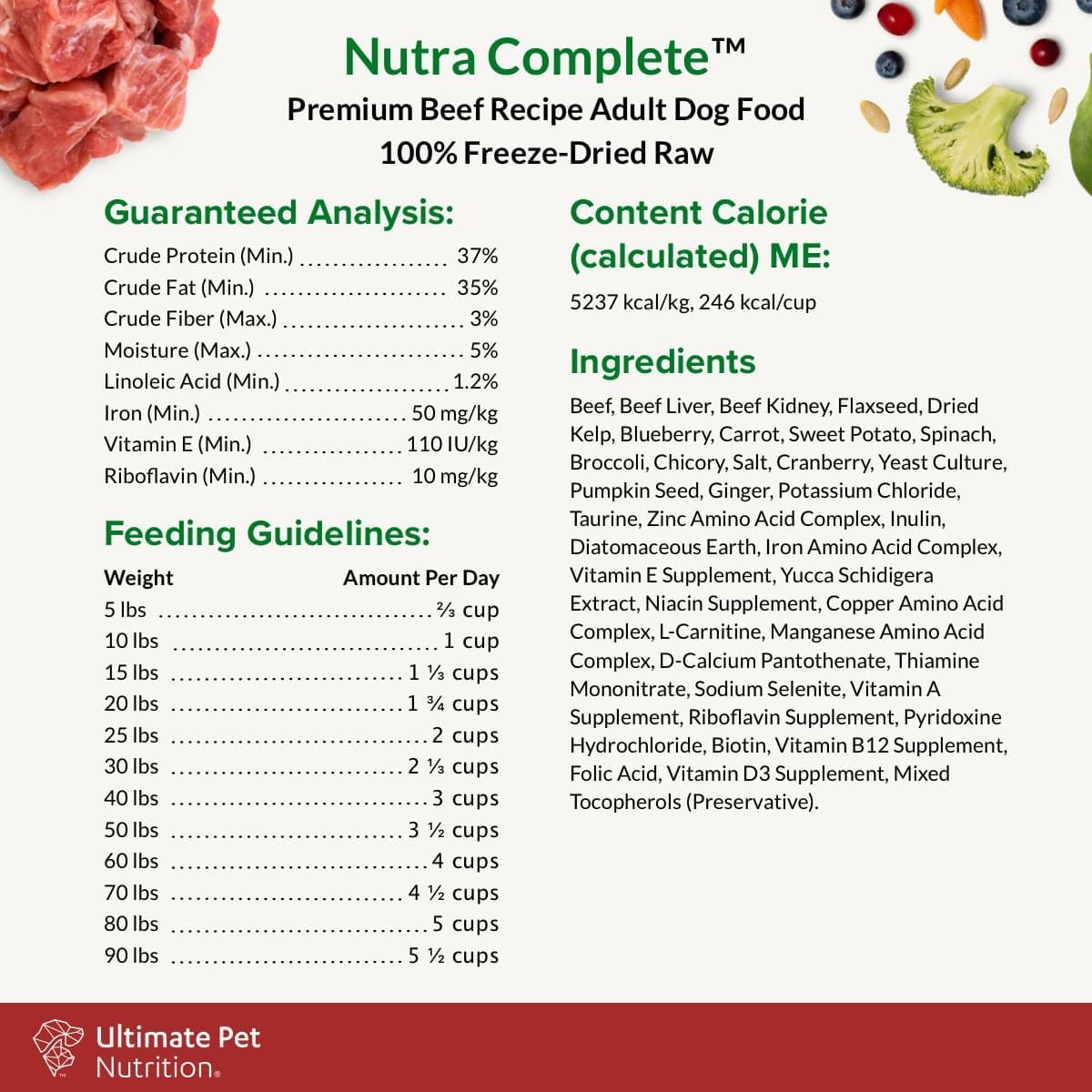 ULTIMATE PET NUTRITION Nutra Complete, 100% Freeze Dried Veterinarian Formulated Raw Dog Food with Antioxidants Prebiotics and Amino Acids, (1 Pound, Beef) : Pet Supplies