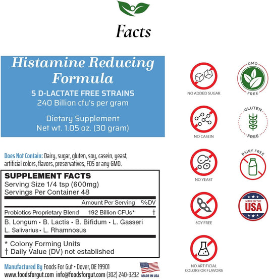 Histamine & D Lactate Free Probiotics Powder 240 Billion Cfu | Digestive & Immune Support | High Potency | 30 Grams (1.05 Oz)
