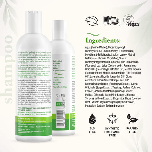 Beauty Without Cruelty Shampoo, Clarifying Rosemary Mint Tea Tree – Aromatherapy Hair & Scalp Treatment, Sls-Free, Vegan-Friendly & Cruelty-Free, 16 Oz