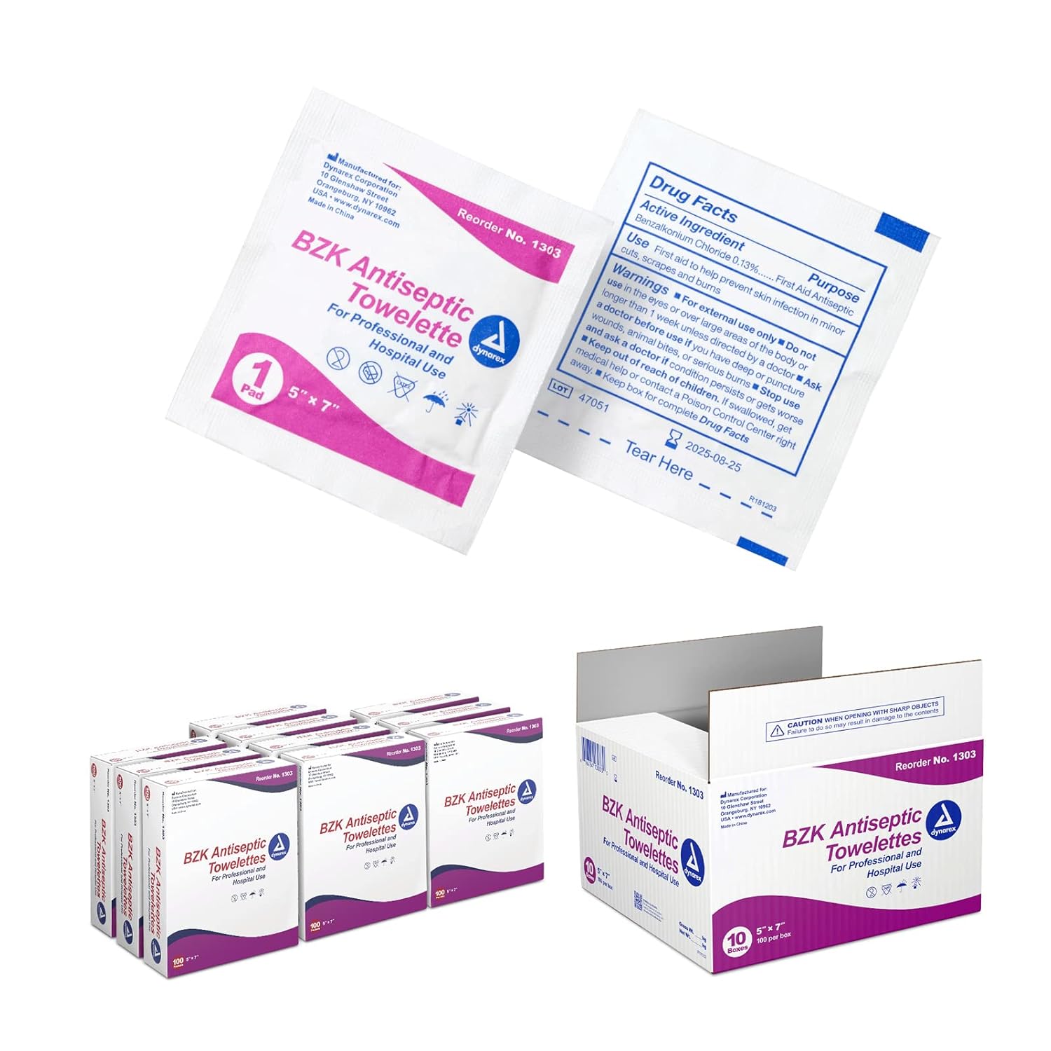 Dynarex Bzk Antiseptic Towelettes, Moist Sanitizing Towelettes Designed To Protect Minor Wounds, 5" X 7", Disposable & Individually Wrapped, 1 Case - 10 Boxes Of 100 Towelettes