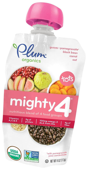 Plum Organics Tots Baby Food Pouch | Mighty 4 | Carrot, Guava, Oats, Black Beans | 4 Ounce | 6 Pack | Organic Food Squeeze For Babies, Kids, Toddlers