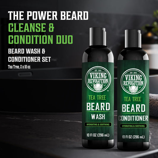 Viking Revolution Tea Tree Oil Beard Wash And Beard Conditioner For Men - Natural Beard Softener Set With Argan Oil, Vitamin E And Ginseng - Tea Tree Beard Shampoo And Conditioner Set (10 Oz)