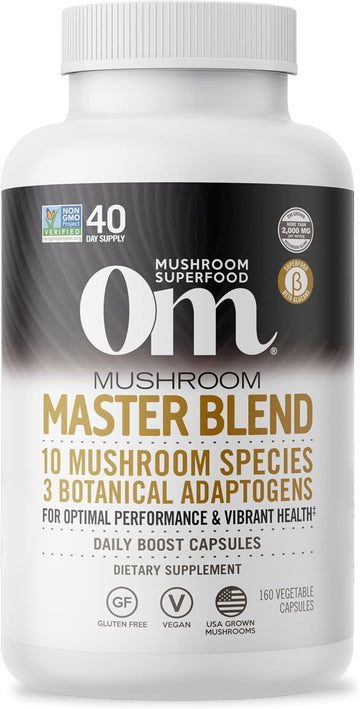 Om Mushroom Superfood Master Blend Mushroom Capsules Supplement, 160 Count, 40 Servings, 10 Mushroom Complex, Lions Mane, Chaga, Cordyceps, Reishi Extract Adaptogens for Vibrant Health, Immune Support