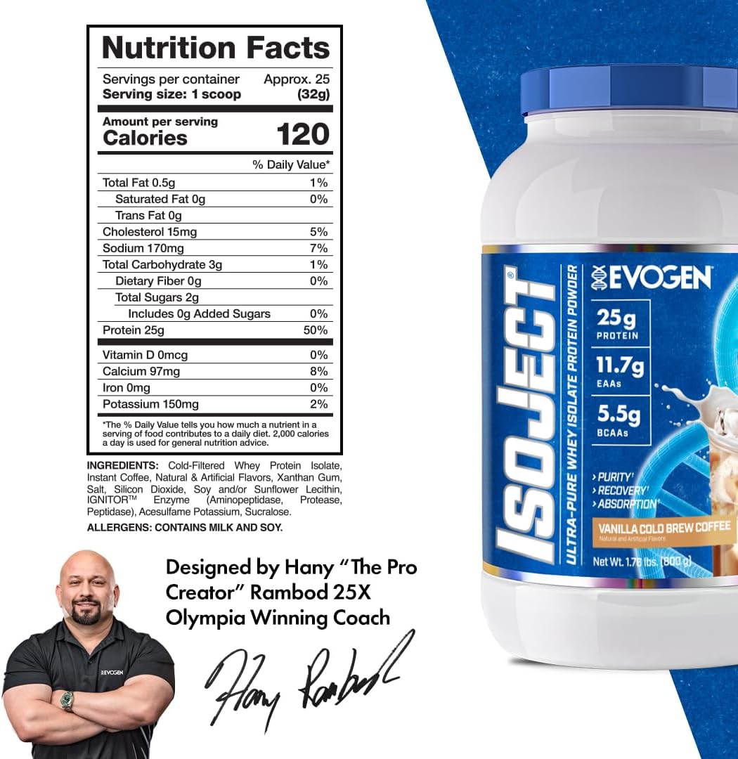 Evogen Isoject - Whey Protein Isolate | Ultra-Pure Whey Protein Powder With Ignitor Enzymes, Bcaas, And Eaas | Enhanced Absorption & Recovery | Vanilla Cold Brew Coffee | 25 Servings : Health & Household