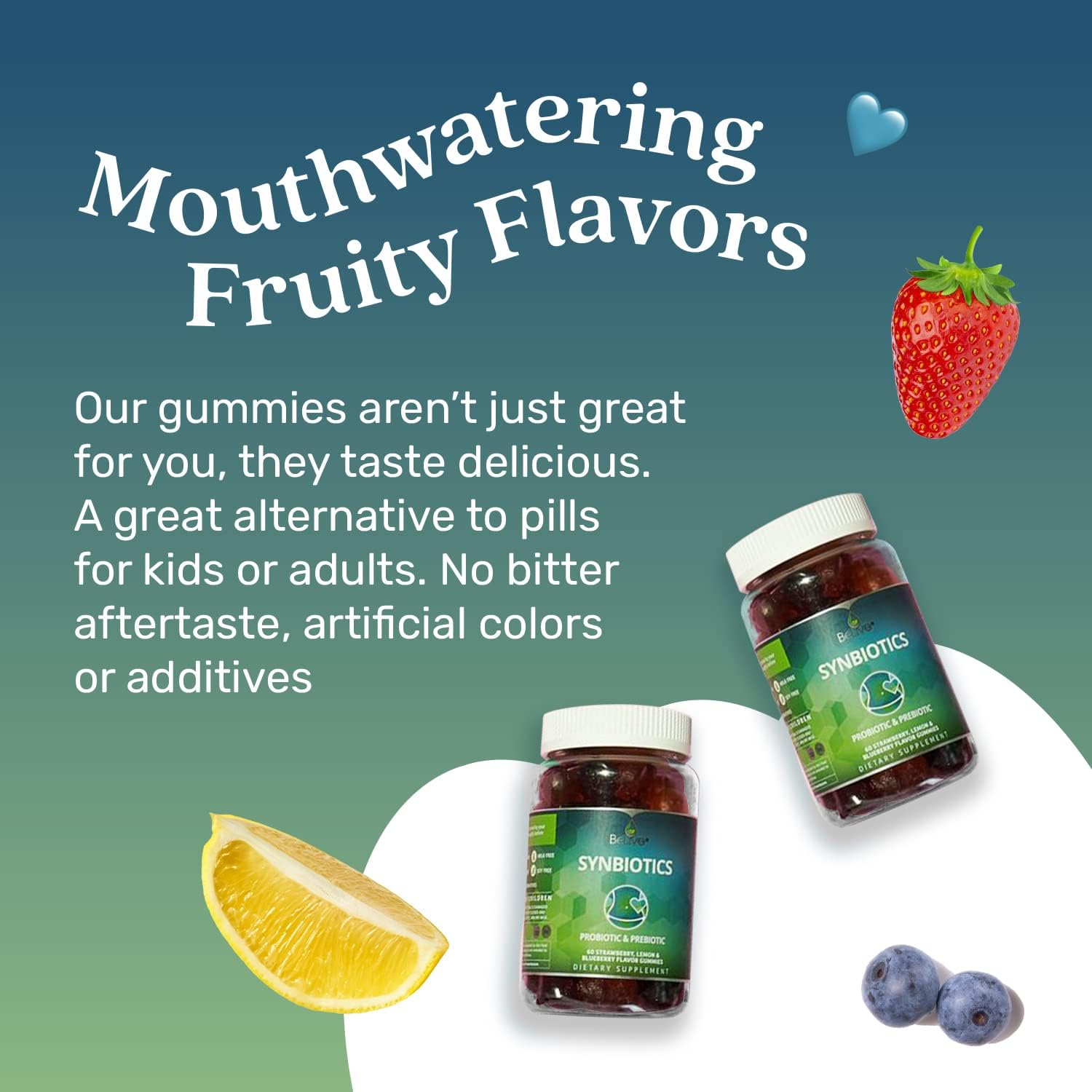 Belive Synbiotics - Probiotic & Prebiotic Fiber Gummies – High Strength Inulin (3G), Dietary Fiber Supplement, Digestive Support For Kids & Adults - Strawberry, Lemon, Blueberry Flavor (60Ct) : Health & Household