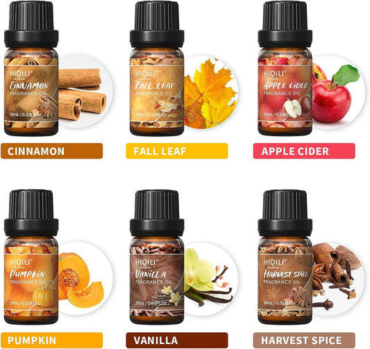 HIQILI Spice Fragrance Oil, Scented Oil 6x10ml for Candle Making Soap Slime, Fall Essential Oils for Diffuser Home, Cinnamon Pumpkin Vanilla Apple Cider Harvest Spice Fall Leaf, Christmas Gifts