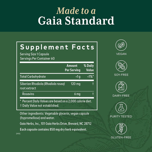 Gaia Herbs Pro Rhodiola - for Adaptogen Stress Support & Relief - with Rhodiola Rosea, Rosavins, Vegetable Glycerin & More - 60 Vegan Liquid Phyto-Capsules (60 Servings)