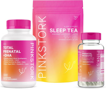 Pink Stork Pregnancy Bundle: Prenatal Vitamin With Dha & Folate, Prenatal Probiotics For Pregnant Women, Melatonin-Free Sleep Tea, Pregnancy Must Haves For Each Trimester, Set Of 3