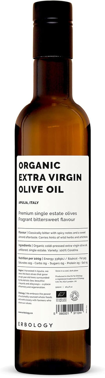 Erbology Organic Extra Virgin Olive Oil 500ml - 100% Coratina Olives Hand-Picked and Pressed on a Family-Run Single Estate in Apulia, Italy - 516 mg/kg Polyphenols - 0.18% Free Acidity