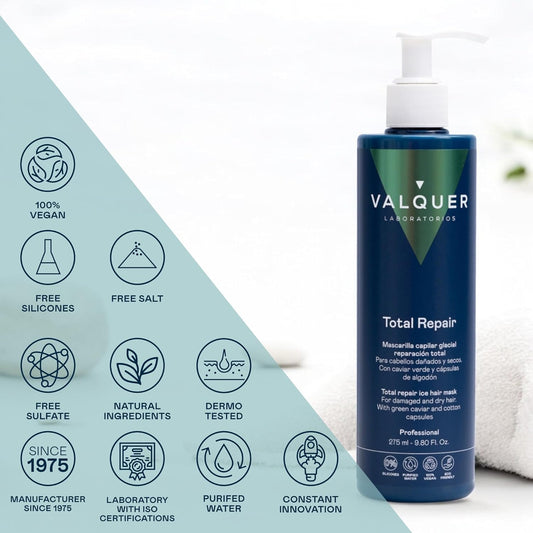 Valquer Total Repair Cold Effect Mask. Ultra Moisturizing, Repairing And Nourishing For Damaged And Dry Hair With Phytocold, Macadamia Oil And Blueberry Extract. Vegan. 275 Ml