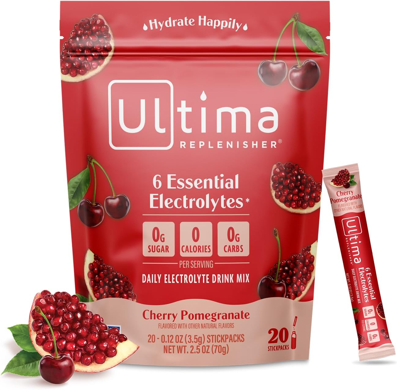 Ultima Replenisher Daily Electrolyte Drink Mix – Cherry Pomegranate, 20 Stickpacks – Hydration Packets With 6 Electrolytes & Minerals – Keto Friendly, Vegan, Non-Gmo & Sugar-Free Electrolyte Powder