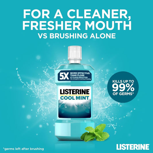 Listerine Cool Mint Mouthwash Pack Of 4 (4 X 750Ml), Helps Kill Up To 99% Of Germs Left After Brushing And Reduce Plaque, Mouthwash To Freshen Breath And Maintain Healthy Gums