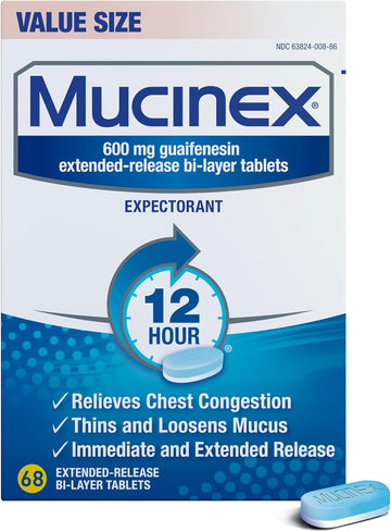 Mucinex Chest Congestion, 12 Hour Extended Release Tablets, 68Ct, 600 Mg Guaifenesin Relieves Chest Congestion Caused By Excess Mucus, #1 Doctor Recommended Otc Expectorant