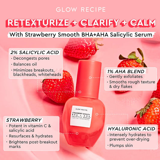 Glow Recipe Smooth + Soothe Duo - Strawberry Smooth Aha Bha Salicylic Acid Serum & Avocado Ceramide Serum (30Ml/Ea) - Avocado Butter Hydrating Face Serum & Daily Hyaluronic Acid Serum To Brighten Skin