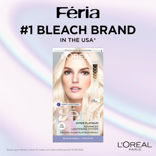 L'Oreal Paris Feria Hyper Platinum Advanced Lightening System Hair Bleach, Lifts Up To 8 Levels, Includes Anti Brass Purple Conditioner, 1 Hair Dye Kit