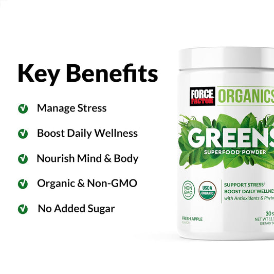 Force Factor Organics Greens Superfood Powder for Daily Wellness, Greens Powder with KSM-66 Ashwagandha, Moringa, Spirulina Powder, Vegan and Non-GMO, Fresh Apple, 30 Servings, 11.10 Ounce (Pack of 1)