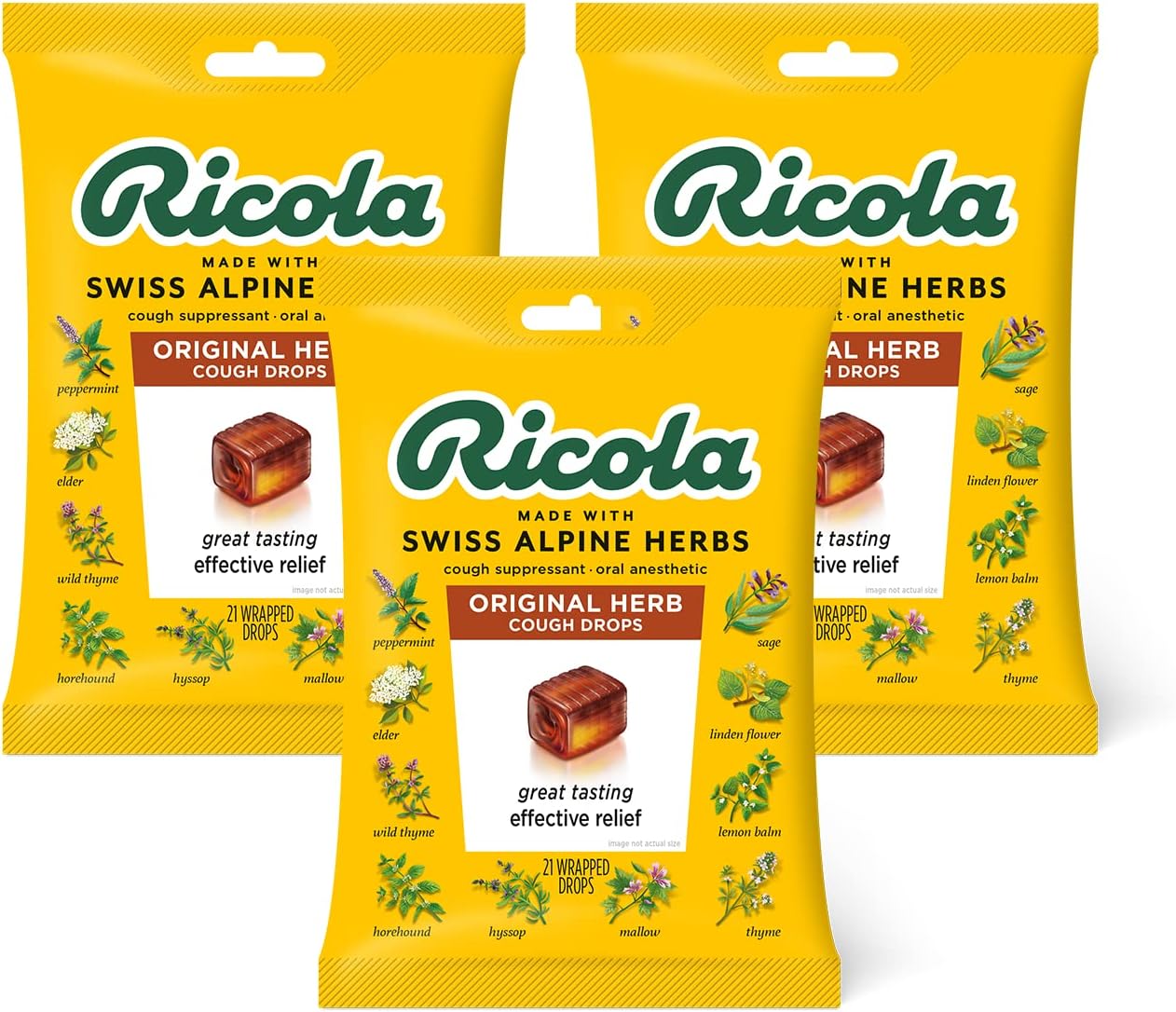 Ricola Original Herbal Cough Suppressant Throat Drops, 21ct Bag (Pack of 3)