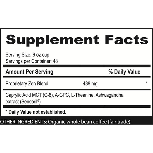 Brain Bean Zen-Blend Coffee | With Caprylic Acid Mct (C-8), A-Gpc, L-Theanine, And Ashwagandha Extract | Organic Whole Bean Medium Roast 16 Oz